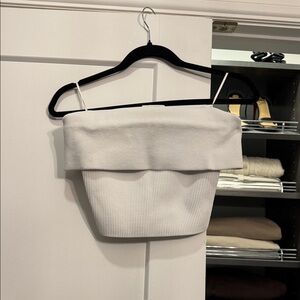 Babaton White Ribbed Fold-Over Off the Shoulder Top